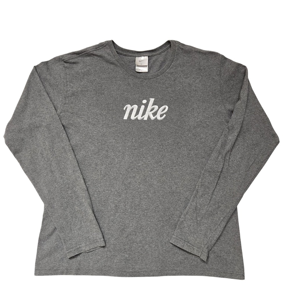 Nike Shirt Mens XL Gray Long Sleeve Crewneck Embroidered Spell Out Logo Cotton